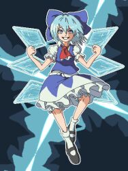 Rule 34 | aksawshin, ascot, black footwear, blue bow, blue dress, blue eyes, blue hair, bow, cirno, collared shirt, dress, embodiment of scarlet devil, flat chest, hair bow, ice, ice wings, long dress, mary janes, pixel art, puffy short sleeves, puffy sleeves, red ascot, shirt, shoes, short dress, short hair, short sleeves, smile, socks, touhou, white shirt, wings