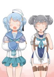 Rule 34 | 0 0, 1girl, aqua neckerchief, aqua skirt, blue hair, blue neckerchief, blue one-piece swimsuit, blue sailor collar, chest harness, crossed arms, dixie cup hat, double bun, enjaku izuku, feet out of frame, gradient background, grey hair, grey sailor collar, hair bun, harness, hat, hat ribbon, headgear, highres, i-36 (kancolle), kantai collection, looking at viewer, medium hair, military hat, navy cross, neckerchief, one-piece swimsuit, ribbon, sailor collar, samuel b. roberts (kancolle), samuel b. roberts mk ii (kancolle), school swimsuit, school uniform, serafuku, short hair, skirt, sleeve cuffs, solo, swimsuit, swimsuit under clothes, thigh strap, twintails, white background, white hat