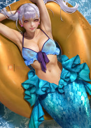 Rule 34 | 1girl, armpits, beach, bikini, black clover, breasts, cleavage, earrings, eyelashes, jewelry, large breasts, looking at viewer, mermaid, monster girl, noelle silva, pink eyes, see-through, smile, solo, swimsuit, twintails, wet, white hair, yiqiang
