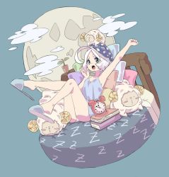 Rule 34 | 1girl, ahoge, alarm clock, arm up, banana takemura, blue footwear, blue headwear, blush stickers, book, clock, cloud, full body, full moon, grey eyes, hand up, hat, horns, legs up, moon, nightcap, nightgown, on bed, open mouth, original, pillow, plant, polka dot headwear, potted plant, sheep, sheep horns, short hair, slippers, stretching, white hair, yawning
