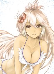 Rule 34 | 10s, 1girl, :d, ahoge, bare arms, bare shoulders, bikini, breasts, cleavage, collarbone, colored eyelashes, dark-skinned female, dark skin, flower, front-tie top, granblue fantasy, hair between eyes, hair flower, hair ornament, kz nagomiya, leaning forward, long hair, looking at viewer, medium breasts, open mouth, parted lips, side-tie bikini bottom, smile, solo, stomach, swimsuit, v arms, white bikini, white hair, zooey (granblue fantasy), zooey (summer) (granblue fantasy)