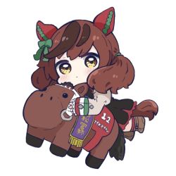 Rule 34 | 1girl, :&lt;, animal ears, black dress, blush, boots, bow, brown eyes, brown footwear, brown hair, brown shirt, chibi, closed mouth, commentary, dress, ear bow, full body, green bow, highres, horse ears, horse girl, horse tail, juliet sleeves, long sleeves, looking at viewer, multicolored hair, nice nature (umamusume), nozo (hitomiz), puffy sleeves, red socks, shirt, simple background, sleeves past wrists, socks, solo, streaked hair, stuffed animal, stuffed horse, tail, umamusume, white background