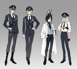 Rule 34 | 4boys, absurdres, aiguillette, alhaitham (genshin impact), animal ear fluff, animal ears, belt, belt buckle, black belt, black footwear, black gloves, black hair, black necktie, black shirt, blonde hair, blue hat, blue jacket, blue pants, blunt ends, boots, bright pupils, buckle, buttons, chest harness, clipboard, closed mouth, coat, collared shirt, commentary, cuffs, cyno (genshin impact), dark-skinned male, dark skin, english commentary, expressionless, fox ears, genshin impact, gloves, gradient background, gradient clothes, gradient pants, green eyes, green hair, green shirt, grey hair, grey pants, hair between eyes, hair over one eye, hand on own hip, handcuffs, hands in pockets, harness, hat, highres, holding, holding clipboard, holding handcuffs, jacket, jewelry, kaveh (genshin impact), lab coat, lapels, long hair, long sleeves, looking at viewer, male focus, masa ashe, multicolored hair, multiple boys, necklace, necktie, one eye covered, open clothes, open coat, pants, parted bangs, peaked cap, police, police badge, police hat, police uniform, policeman, red eyes, shirt, shirt tucked in, shoes, short hair, simple background, sleeves rolled up, smile, streaked hair, swept bangs, tighnari (genshin impact), turtleneck, uniform, white coat, white gloves, white hair, white pupils, white shirt, wing collar