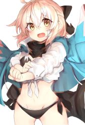 Rule 34 | 1girl, absurdres, ahoge, black bow, black scarf, bow, clenched hand, cowboy shot, fang, fate (series), hair bow, highres, japanese clothes, kimono, midriff, navel, okita souji, okita souji (fate), okita souji (koha-ace), open mouth, ranf, scarf, shinsengumi, shirt, short kimono, sleeveless, sleeveless kimono, thighs, tied shirt, white kimono