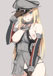 Rule 34 | 10s, 1girl, bismarck (kancolle), black panties, blonde hair, blush, breasts, breasts out, elbow gloves, flying sweatdrops, gloves, green eyes, grey background, hand on headwear, hat, kantai collection, kyouki, large breasts, long hair, looking at viewer, military, military hat, military uniform, nipples, no bra, open mouth, panties, peaked cap, shiny skin, simple background, solo, underwear, uniform