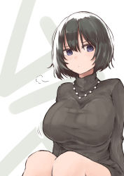 Rule 34 | 1girl, puff of air, absurdres, bead necklace, beads, black hair, black sweater, blue eyes, blush, bob cut, breasts, closed mouth, dress, hair between eyes, highres, jewelry, knees up, large breasts, legs together, looking at viewer, necklace, original, pout, ribbed sweater, rucchiifu, short hair, sitting, solo, sweater, sweater dress, turtleneck, turtleneck sweater