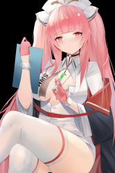 Rule 34 | 1girl, absurdres, azur lane, black background, breasts, breasts apart, center opening, collared dress, crossed legs, dress, gloves, gulu qaq, half gloves, hat, highres, holding, holding syringe, id card, lanyard, long hair, looking at viewer, microdress, nurse, nurse cap, official alternate costume, perseus (azur lane), perseus (unfamiliar duties) (azur lane), pink eyes, pink gloves, pink hair, simple background, small breasts, solo, syringe, thighhighs, twintails, very long hair, white dress, white hat, white thighhighs