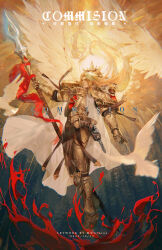 Rule 34 | 1boy, absurdres, ambiguous red liquid, angel, angel wings, armor, armored boots, artist name, backlighting, banner, bird, blonde hair, blood angels, blurry, bolter, boots, breastplate, chromatic aberration, commentary, commission, couter, cuirass, dated, depth of field, english commentary, english text, flying, gauntlets, ginias, glitter, glowing, glowing spear, glowing weapon, gold armor, gold border, greaves, gun, handgun, highres, holding, holding polearm, holding weapon, laurel crown, leg armor, long hair, male focus, pauldrons, pelt, pelvic curtain, polearm, poleyn, power armor, primarch, red eyes, rerebrace, sanguinius, shoulder armor, snow leopard, solo, spear, spear of telesto, star (symbol), translation request, very long hair, warhammer 40k, weapon, white bird, wings, yellow theme