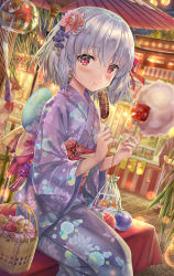 Rule 34 | 1girl, balloon, blush, breasts, candy apple, chocolate banana, cotton candy, earrings, eating, fate/grand order, fate (series), festival, fish, floral print, flower, food, goldfish, hair flower, hair ornament, hair ribbon, hand fan, highres, japanese clothes, jewelry, kama (fate), kimono, looking at viewer, lotus, obi, oil-paper umbrella, paper fan, pink ribbon, purple kimono, red eyes, ribbon, sash, short hair, silver hair, small breasts, sparkling eyes, torino aqua, umbrella, wide sleeves, wind chime