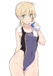 Rule 34 | 1girl, ahoge, artoria pendragon (all), artoria pendragon (fate), bad id, bad twitter id, blonde hair, bottle, competition swimsuit, covered navel, cowboy shot, fate/stay night, fate (series), flat chest, green eyes, highleg, highleg swimsuit, highres, kekemotsu, long hair, looking at viewer, low ponytail, official alternate costume, one-piece swimsuit, open mouth, purple one-piece swimsuit, saber (fate), saber (summer battle clothes) (fate), simple background, solo, standing, swimsuit, towel, towel around neck, white background, white towel