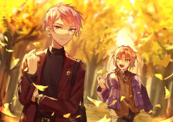 Rule 34 | 2boys, belt, black shirt, blurry, blurry background, brooch, closed mouth, commentary request, cowboy shot, ensemble stars!, green eyes, highres, holding, holding leaf, itsuki shu, jacket, jewelry, lapels, leaf, long hair, long sleeves, looking at viewer, low ponytail, male focus, multiple boys, open clothes, open jacket, open mouth, orange hair, pink hair, purple eyes, shirt, short hair, teeth, tsukinaga leo, turtleneck, upper teeth only, watch, wednesday 108, wristwatch