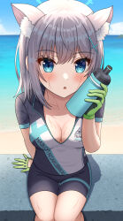 Rule 34 | 1girl, absurdres, animal ear fluff, animal ears, beach, bike jersey, blue archive, blue eyes, blush, bottle, breasts, cleavage, cross hair ornament, cycling uniform, gloves, green gloves, grey hair, hair ornament, halo, highres, hisui (user zvkr2432), holding, holding bottle, horizon, looking at viewer, medium breasts, medium hair, ocean, official alternate costume, open mouth, outdoors, shiroko (blue archive), shiroko (cycling) (blue archive), sitting, solo, sweat, two-tone gloves, water bottle, wolf ears