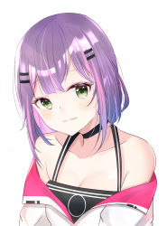 Rule 34 | 1girl, alternate hair length, alternate hairstyle, breasts, choker, cleavage, collarbone, dreamoon, eyelashes, green eyes, hair ornament, hairclip, head tilt, highres, hololive, jacket, light smile, looking at viewer, multicolored hair, no headwear, no headwear, off-shoulder jacket, off shoulder, pink hair, purple hair, short hair, simple background, small breasts, solo, streaked hair, tokoyami towa, upper body, virtual youtuber, white background, white jacket