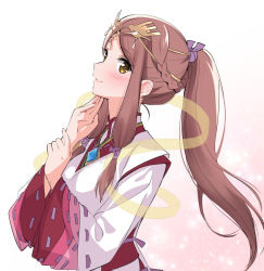 Rule 34 | 1girl, alternate hairstyle, blush, braid, brown eyes, brown hair, circlet, closed mouth, fan la norne, french braid, from side, gem, gradient background, hands up, japanese clothes, kimono, layered sleeves, long hair, looking at viewer, looking to the side, misu kasumi, nintendo, parted bangs, pink background, ribbon-trimmed sleeves, ribbon trim, see-through, sidelocks, sideways glance, smile, solo, upper body, white kimono, xenoblade chronicles (series), xenoblade chronicles 2, xenoblade chronicles 2: torna - the golden country