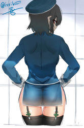 Rule 34 | 10s, artist name, ass, black hair, breasts, garter straps, hands on own hips, hat, isshiki (ffmania7), kantai collection, large breasts, looking back, red eyes, see-through, shoulder blades, solo, takao (kancolle), thighhighs, thong, uniform