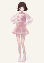 Rule 34 | 1girl, absurdres, beige background, bow, brown hair, closed mouth, earrings, frills, hands on own hips, high heels, highres, jewelry, original, pink skirt, purple eyes, short hair, simple background, skirt, sleeves past wrists, solo, standing, white bow, white footwear, yoon cook