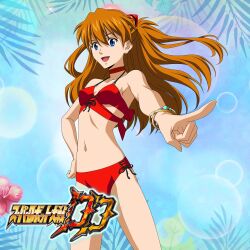 Rule 34 | 1girl, bikini, blue eyes, breasts, brown hair, cleavage, floating hair, hand on own hip, highres, index finger raised, logo, long hair, medium breasts, navel, neon genesis evangelion, official art, open mouth, red bikini, side-tie bikini bottom, smile, solo, souryuu asuka langley, standing, super robot wars, super robot wars dd, swimsuit, thighs, twintails, two side up