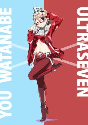 Rule 34 | 1girl, belt, belt buckle, blue background, blue eyes, boots, breasts, buckle, character name, commentary, cosplay, crossover, english text, full body, glasses, grey hair, headphones, high heel boots, high heels, highres, jacket, large breasts, leg up, looking at viewer, love live!, love live! sunshine!!, midriff, navel, one eye closed, pants, red-framed eyewear, red background, red footwear, red jacket, red pants, sasanon (sasapoliton), short hair, solo, standing, two-tone background, ultra series, ultraseven, ultra seven (cosplay), ultraseven (series), watanabe you
