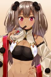 Rule 34 | 1girl, bare shoulders, blush, breasts, brown hair, bubble tea, cleavage, dark skin, dark-skinned female, detached sleeves, drinking, drinking straw, gomashi (goma), groin, hand on own hip, highres, large breasts, long hair, looking at viewer, midriff, navel, original, purple eyes, solo, upper body