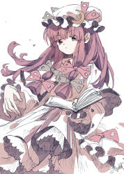 Rule 34 | 1girl, book, bow, closed mouth, crescent, crescent pin, dot nose, dress, green bow, hair bow, hat, holding, holding book, ka (marukogedago), limited palette, long dress, long hair, long sleeves, looking at viewer, open book, patchouli knowledge, mob cap, purple bow, purple eyes, purple hair, purple theme, simple background, solo, touhou, white background, white dress