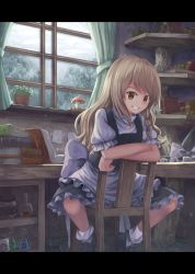 Rule 34 | 1girl, apron, arm rest, bad id, bad pixiv id, black footwear, black skirt, black vest, blonde hair, bobby socks, book, book stack, braid, cloud, cloudy sky, crossed arms, day, erlenmeyer flask, flask, forest, frilled skirt, frills, grin, hair ribbon, hat, unworn hat, unworn headwear, high collar, highres, indoors, jar, kirisame marisa, letterboxed, loafers, long hair, looking at viewer, mushroom, nature, no headwear, ookashippo, plant, potted plant, puffy short sleeves, puffy sleeves, ribbon, round-bottom flask, shelf, shirt, shoes, short sleeves, single braid, sitting, sitting backwards, skirt, sky, smile, socks, solo, teeth, touhou, tress ribbon, very long hair, vest, waist apron, white shirt, white socks, window, witch hat, yellow eyes