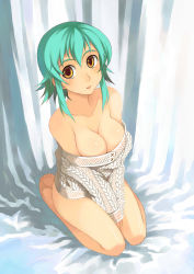 Rule 34 | 1girl, bare shoulders, barefoot, bottomless, breasts, cleavage, kneeling, kusanagi tonbo, large breasts, naked sweater, no pants, original, solo, sweater, windy wing