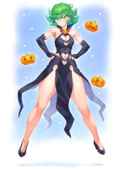 Rule 34 | 1girl, alternate costume, armpits, bare shoulders, black dress, blush, breasts, bridal gauntlets, cleavage cutout, clothing cutout, curly hair, dress, fantasy, floating, floating object, flying, full body, glowing, green eyes, green hair, halloween, hands on own hips, jack-o&#039;-lantern, legs, legs apart, levitation, looking at viewer, magic, medium breasts, mogudan, navel, one-punch man, psychic, pumpkin, short hair, simple background, solo, tatsumaki, telekinesis, thick thighs, thighs