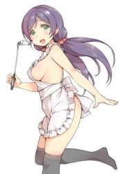 Rule 34 | 1girl, :d, apron, black thighhighs, breasts, duke (inu daimyou), frilled apron, frills, green eyes, hair ornament, hair scrunchie, holding, holding ladle, ladle, large breasts, looking at viewer, love live!, love live! school idol project, naked apron, no shoes, open mouth, over-kneehighs, pink scrunchie, purple hair, scrunchie, sideboob, simple background, smile, solo, standing, standing on one leg, thighhighs, tojo nozomi, twintails, white apron, white background