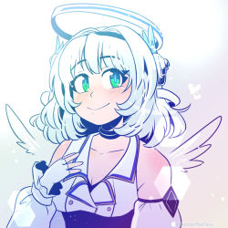 Rule 34 | 1girl, angel wings, black choker, black hairband, blush, breasts, choker, cleavage, commentary, detached sleeves, english commentary, fingerless gloves, gloves, green eyes, grey background, grey hair, hair intakes, hairband, halo, hand on own chest, heart, kamishiro rita, mechanical halo, medium breasts, portrait, prism project, smile, solo, thestarfishface, twitter username, virtual youtuber, white gloves, wings
