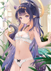 Rule 34 | 1girl, animal ears, bare arms, bare shoulders, black choker, bow, bow panties, bra, breasts, brown hair, choker, collarbone, commentary, cowboy shot, flower, gradient hair, halo, hands up, highres, hololive, hololive english, long hair, looking at viewer, multicolored hair, navel, ninomae ina&#039;nis, panties, parted lips, pointy ears, ponytail, purple eyes, purple hair, rero (bigdoorbig2), small breasts, solo, standing, tentacles, underwear, underwear only, very long hair, virtual youtuber, water, white bra, white flower, white panties