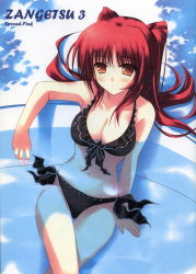 Rule 34 | 00s, 1girl, bikini, black bikini, blush, breasts, brown eyes, cleavage, cover, cover page, crossed legs, front-tie top, highres, kousaka tamaki, large breasts, long hair, navel, orange eyes, partially submerged, red hair, scan, side-tie bikini bottom, sitting, solo, submerged, swimsuit, thigh gap, to heart (series), to heart 2, wading pool, water, zinno