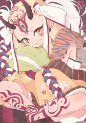Rule 34 | 1girl, bare shoulders, blonde hair, claws, fate/grand order, fate (series), female focus, highres, horns, ibaraki douji (fate), japanese clothes, kimono, legs, long hair, monster girl, off shoulder, oni, oni horns, pixiv id 28656430, short kimono, solo, tattoo, user cwmn7753, wide sleeves, yellow eyes, yellow kimono