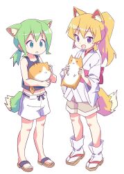 Rule 34 | 2girls, :o, animal, animal ears, bare arms, bare shoulders, black tank top, blonde hair, blue eyes, brown footwear, brown shorts, commentary request, dog, fox ears, fox girl, fox tail, full body, green hair, hair between eyes, highres, holding, holding animal, japanese clothes, kimono, long sleeves, multiple girls, navel, obi, original, parted lips, ponytail, purple eyes, roku no hito, sandals, sash, short shorts, shorts, simple background, socks, standing, tabi, tail, tank top, white background, white kimono, white shorts, white socks, wide sleeves, zouri