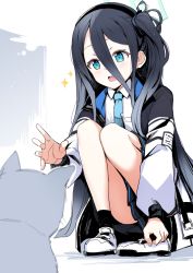 Rule 34 | 1girl, :d, animal, aris (blue archive), black hair, black hairband, black skirt, blue archive, blue eyes, blue necktie, blush, cat, collared shirt, commentary request, eyebrows hidden by hair, full body, hair between eyes, hairband, highres, ichifuji nitaka (phase nine), jacket, long hair, long sleeves, necktie, one side up, open clothes, open jacket, open mouth, pleated skirt, puffy long sleeves, puffy sleeves, ringed eyes, shirt, skirt, smile, solo, sparkle, squatting, teeth, upper teeth only, very long hair, white jacket, white shirt