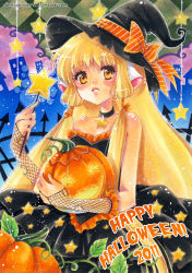 Rule 34 | 00s, 10s, 1girl, 2011, blonde hair, chii, chobits, dark-persian, halloween, happy halloween, hat, long hair, pumpkin, solo, traditional media, wand, witch hat, yellow eyes