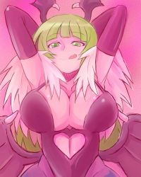 Rule 34 | 1girl, :q, armpits, bat wings, breasts, capcom, cleavage, curvy, demon girl, elbow gloves, feathers, gloves, green eyes, green hair, head wings, hip focus, large breasts, latex, latex gloves, matching hair/eyes, morrigan aensland, pantyhose, simple background, solo, soratobu zippo, tongue, tongue out, vampire (game), wide hips, wings