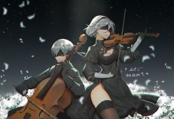 Rule 34 | 1boy, 1girl, black dress, black gloves, black thighhighs, blindfold, boots, breasts, cello, choker, dress, flower, gloves, hairband, instrument, long sleeves, mole, mole under mouth, nier (series), nier:automata, puffy sleeves, short hair, thighhighs, violin, white hair, 2b (nier:automata), 9s (nier:automata)