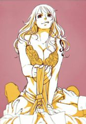 Rule 34 | 1boy, 1girl, assertive female, bra, breasts, cleavage, earrings, female focus, girl on top, hand on thigh, hetero, jewelry, large breasts, licking lips, nami (one piece), namii, one piece, pov, sanji (one piece), skirt, smile, smirk, tattoo, tongue, tongue out, underwear