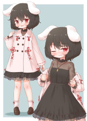 Rule 34 | 1girl, :d, ;), adapted costume, alternate costume, animal ears, arinu, black hair, blush, carrot necklace, dress, highres, inaba tewi, jewelry, looking at viewer, multiple views, necklace, one eye closed, open mouth, petite, pigeon-toed, rabbit ears, red eyes, ribbon trim, see-through, shoes, short hair, simple background, smile, socks, touhou