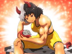 Rule 34 | 1girl, animal ears, bare shoulders, bench, black hair, breasts, closed mouth, commentary request, cow ears, cow girl, cow tail, dumbbell, exercising, eyelashes, feet out of frame, hand on own knee, knees, large breasts, multicolored hair, muscular, muscular female, red eyes, shirosato, short hair, shorts, sitting, solo, sweat, tail, tank top, touhou, two-tone hair, ushizaki urumi, wavy hair, yellow shorts, yellow tank top