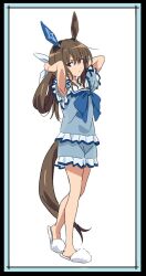 Rule 34 | admire vega (umamusume), alternate costume, animal ears, arm behind head, armpits, arms up, brown hair, commentary request, highres, horse ears, horse girl, horse tail, long hair, looking at viewer, pajamas, ponytail, ribbon, simple background, slippers, standing, tail, umamusume, umamusume: road to the top, white background, yamazaki jun