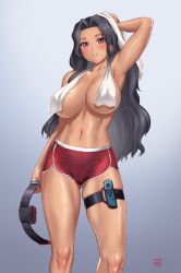 Rule 34 | 1girl, abs, arm up, armpits, bare arms, black hair, blush, breasts, censored nipples, collarbone, controller, convenient censoring, dark-skinned female, dark skin, finalcake, game controller, gradient background, hair intakes, highres, large breasts, long hair, mole, mole on breast, mole under eye, navel, nijisanji, nijisanji en, nintendo switch, no bra, no shirt, red eyes, red shorts, ring fit adventure, scarle yonaguni, short shorts, shorts, simple background, skindentation, solo, stomach, sweat, thigh strap, thighs, towel, towel around neck, towel on head, virtual youtuber