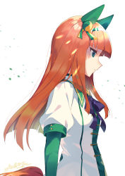 Rule 34 | 1girl, animal ears, blunt bangs, bow, commentary request, ear covers, ear ribbon, from side, green eyes, hairband, highres, horse ears, horse girl, horse tail, long hair, orange hair, puffy short sleeves, puffy sleeves, shinonome neko-tarou, short sleeves, silence suzuka (umamusume), solo, tail, umamusume, upper body, white background