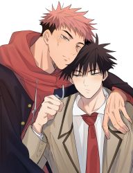 Rule 34 | 2boys, aged down, arm on another&#039;s shoulder, blush, brown eyes, bruise, clenched hand, closed mouth, collared shirt, drawstring, fushiguro megumi, green eyes, hair between eyes, height difference, highres, hood, hood down, hoodie, injury, itadori yuuji, jacket, jujutsu kaisen, long sleeves, looking at viewer, multiple boys, necktie, open clothes, pink hair, red hoodie, red necktie, school uniform, shirt, short hair, somwang 07, spiked hair, undercut, white shirt