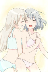 Rule 34 | 2girls, blonde hair, blush, grabbing another&#039;s breast, breasts, couple, eila ilmatar juutilainen, closed eyes, grabbing, lingerie, long hair, michigan, multiple girls, sanya v. litvyak, short hair, silver hair, small breasts, smile, strike witches, underwear, world witches series, yuri