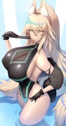 Rule 34 | 1girl, absurdres, animal ear fluff, animal ears, bare shoulders, black one-piece swimsuit, blonde hair, blush, breasts, collarbone, fox ears, fox girl, fox tail, grin, high ponytail, highleg, highleg swimsuit, highres, huge breasts, long hair, looking at viewer, one-piece swimsuit, original, shiroshisu, smile, solo, swimsuit, tail, thighs, yellow eyes