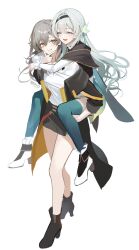 2girls :d ^_^ absurdres aqua_hair aqua_thighhighs black_coat black_hairband black_shoes black_skirt carrying closed_eyes coat cropped_jacket firefly_(honkai:_star_rail) full_body gradient_hair grey_hair grin hair_between_eyes hair_ornament hairband highres honkai:_star_rail honkai_(series) long_hair long_sleeves looking_at_another meoyo multicolored_hair multiple_girls open_clothes open_coat open_mouth piggyback shirt shoes simple_background skirt smile stelle_(honkai:_star_rail) thighhighs trailblazer_(honkai:_star_rail) twitter_username white_background white_shirt white_shoes yellow_eyes