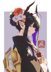 Rule 34 | absurdres, artist name, black hair, black kimono, border, brown horns, closed mouth, commentary request, dragon horns, flower, from side, green eyes, hair bun, hair flower, hair ornament, happy new year, highres, horns, japanese clothes, kimono, long hair, long sleeves, looking at viewer, new year, obi, original, pointy ears, sash, su-102, upper body, white border
