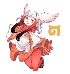 Rule 34 | 10s, 1girl, :d, black footwear, buttons, full body, furorina, gloves, gradient hair, head wings, japanese crested ibis (kemono friends), kemono friends, long sleeves, looking at viewer, mary janes, multicolored hair, open mouth, orange gloves, orange skirt, pantyhose, pleated skirt, red pantyhose, shoes, short hair with long locks, simple background, skirt, smile, solo, tail, thigh gap, white background, wide sleeves, wings, yellow eyes