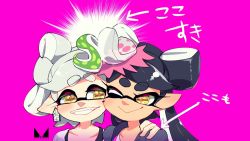 Rule 34 | + +, 2girls, ;), artist logo, brown eyes, callie (splatoon), casual, cheek-to-cheek, chichi band, closed mouth, commentary, cousins, earrings, food, food on head, grin, hand on another&#039;s shoulder, heads together, inkling, jewelry, long hair, looking at another, marie (splatoon), mole, mole under eye, multiple girls, nintendo, object on head, one eye closed, pointy ears, purple background, sharp teeth, short hair, side-by-side, silver hair, simple background, smile, splatoon (series), splatoon 2, sushi, teeth, tentacle hair, translated